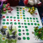 Das Bild zeigt ein Spielbrett mit Fröschen, Mäusen, Pilzen und Bienen.